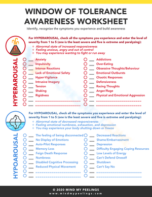Window of tolerance awareness worksheet