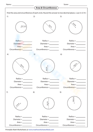 Free Printable Area and Circumference of a Circle Worksheets