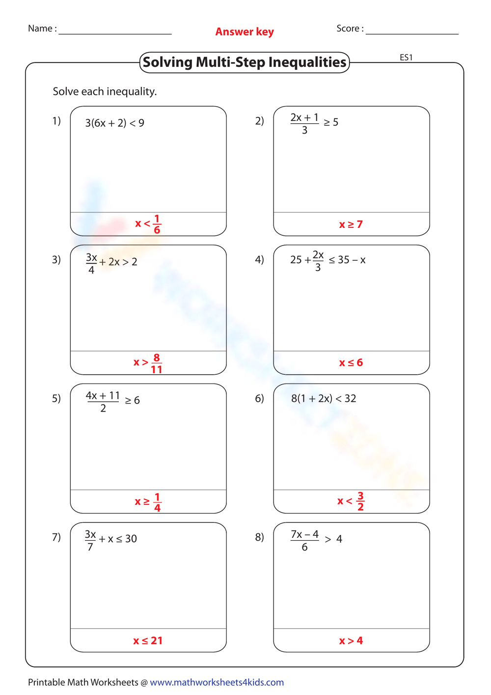 Free Multi-step Inequalities Worksheets for Students