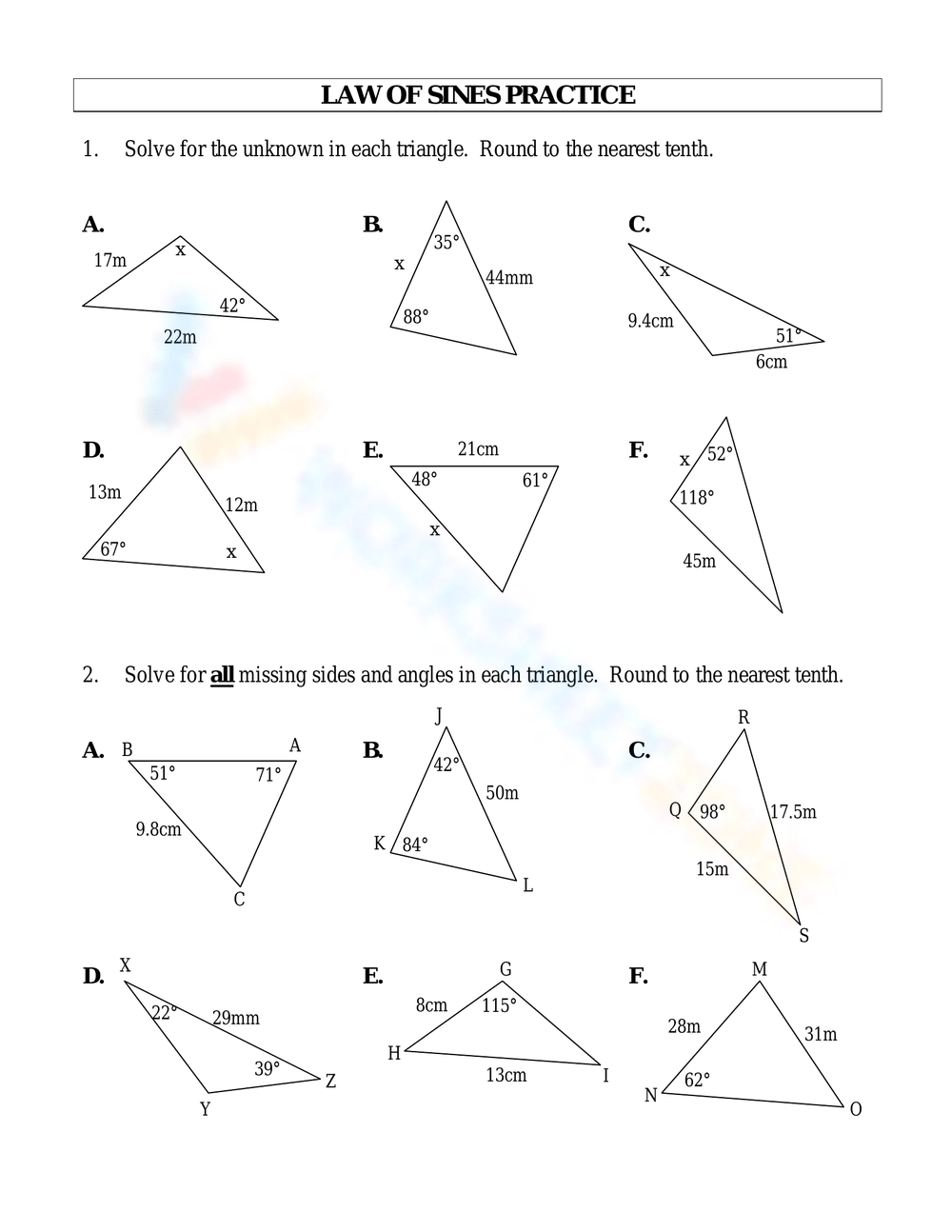 Law Of Sines Practice Worksheet