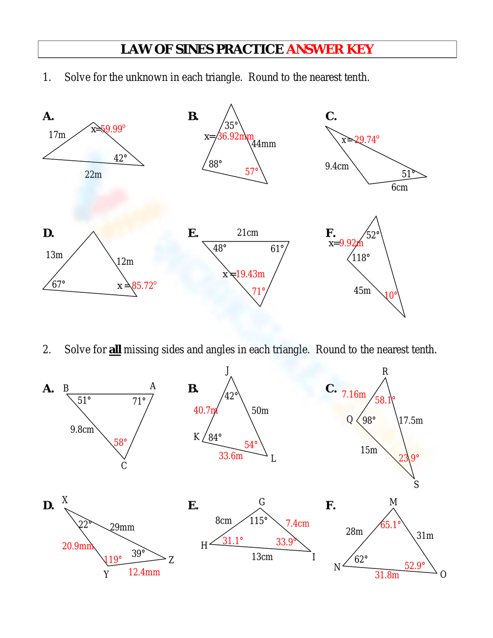 law of sines homework answers