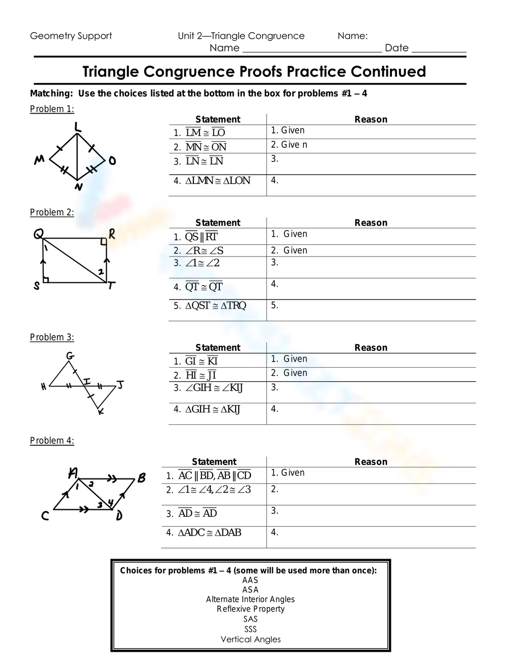 Triangle Congruence Proofs Practice Worksheet 9378