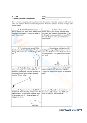 Angle of Elevation and Depression Trig worksheets