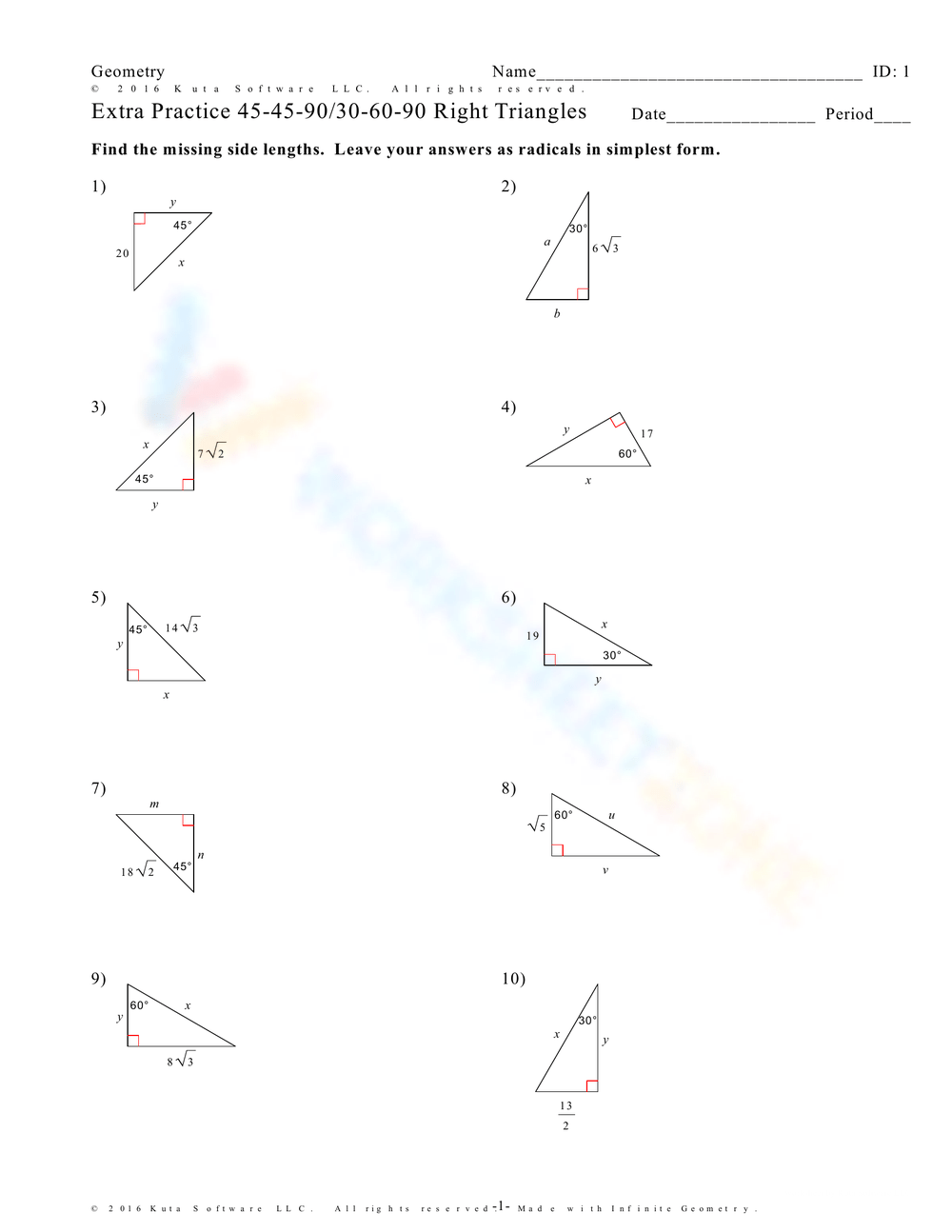 Extra Practice 45 45 9030 60 90 Right Triangles Worksheet 5773