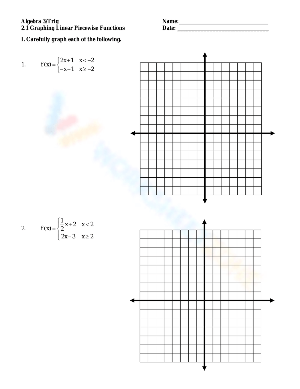 Evaluating Piecewise Functions Worksheets
