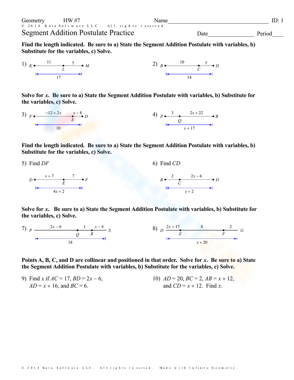 Segment Addition Postulate worksheets