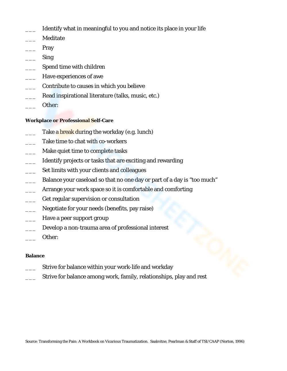 Self Care Assessment Worksheet Zone