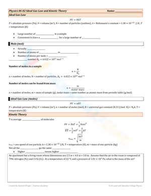 Ideal Gas Law  Worksheet