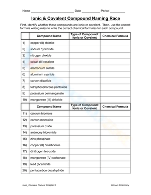 Ionic & Covalent Compound Naming Worksheet