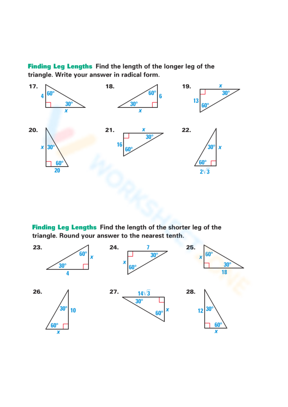 Special Right Triangles 30°­ 60°­ 90° Worksheet 0348