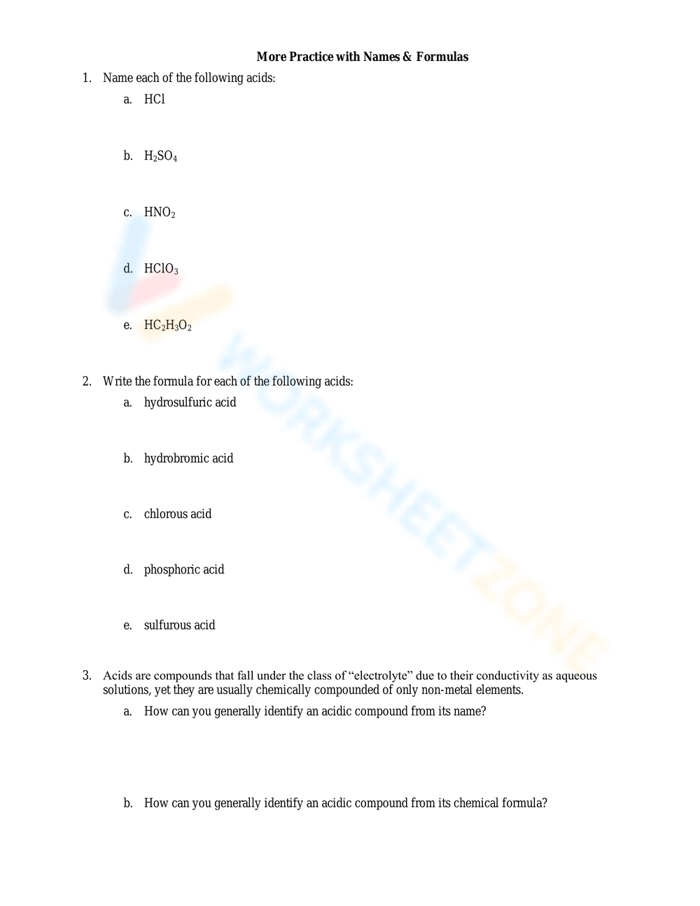 Free Collection of Acid Naming Worksheets for Students