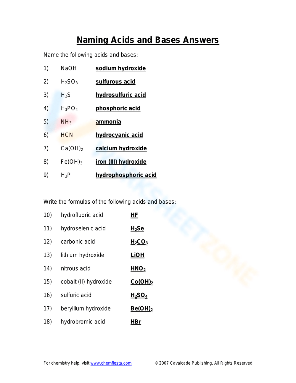 naming acids worksheet key