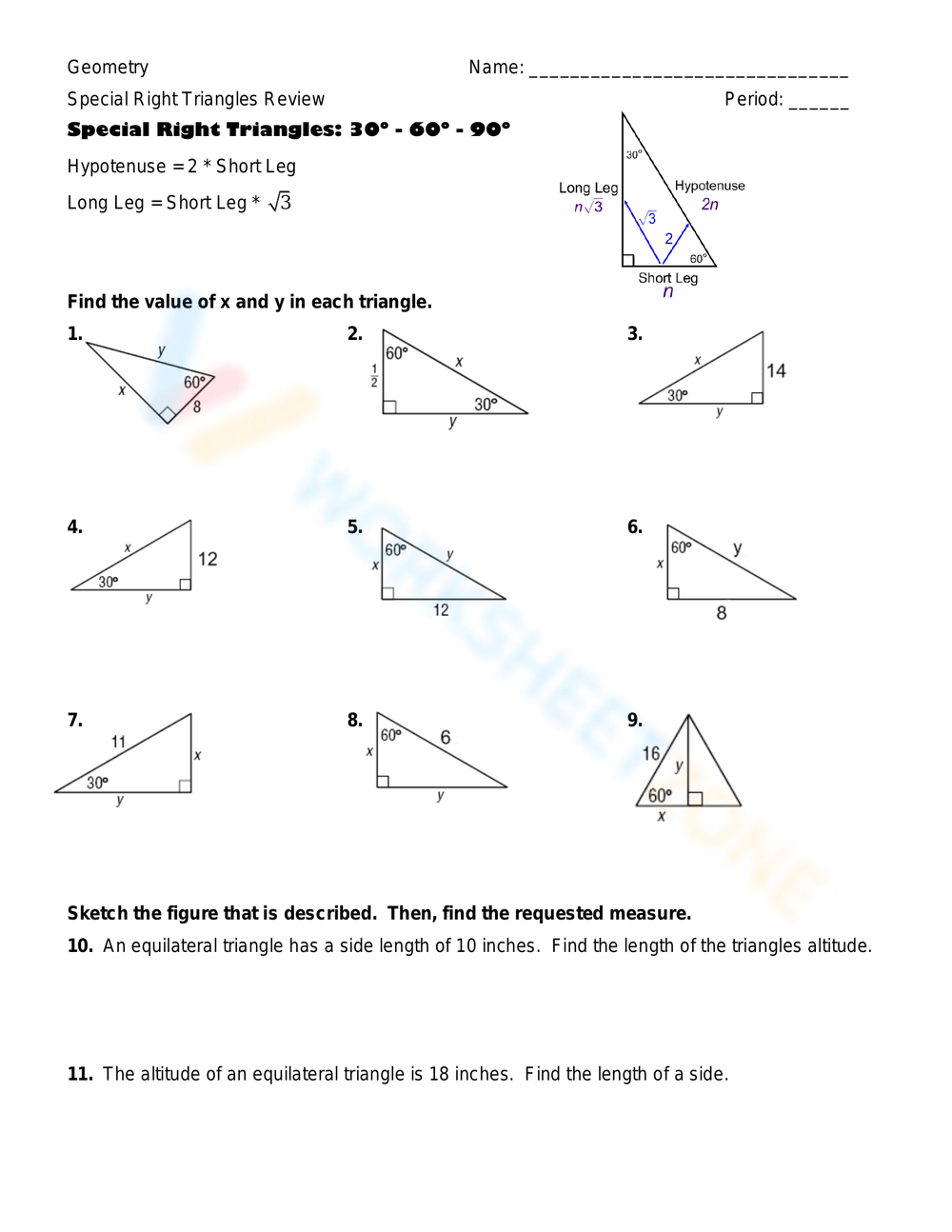 Special Right Triangles Review Worksheet 9938