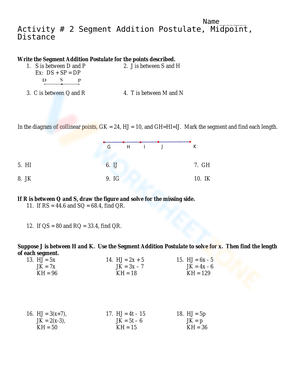 Practice with the Segment Addition Postulate Worksheets