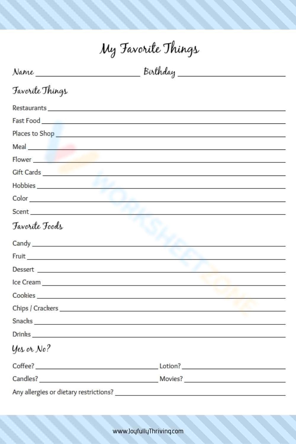 Free Printable My Favorite Things Worksheets for Students