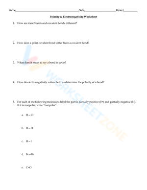 Polarity & Electronegativity Worksheet Worksheet