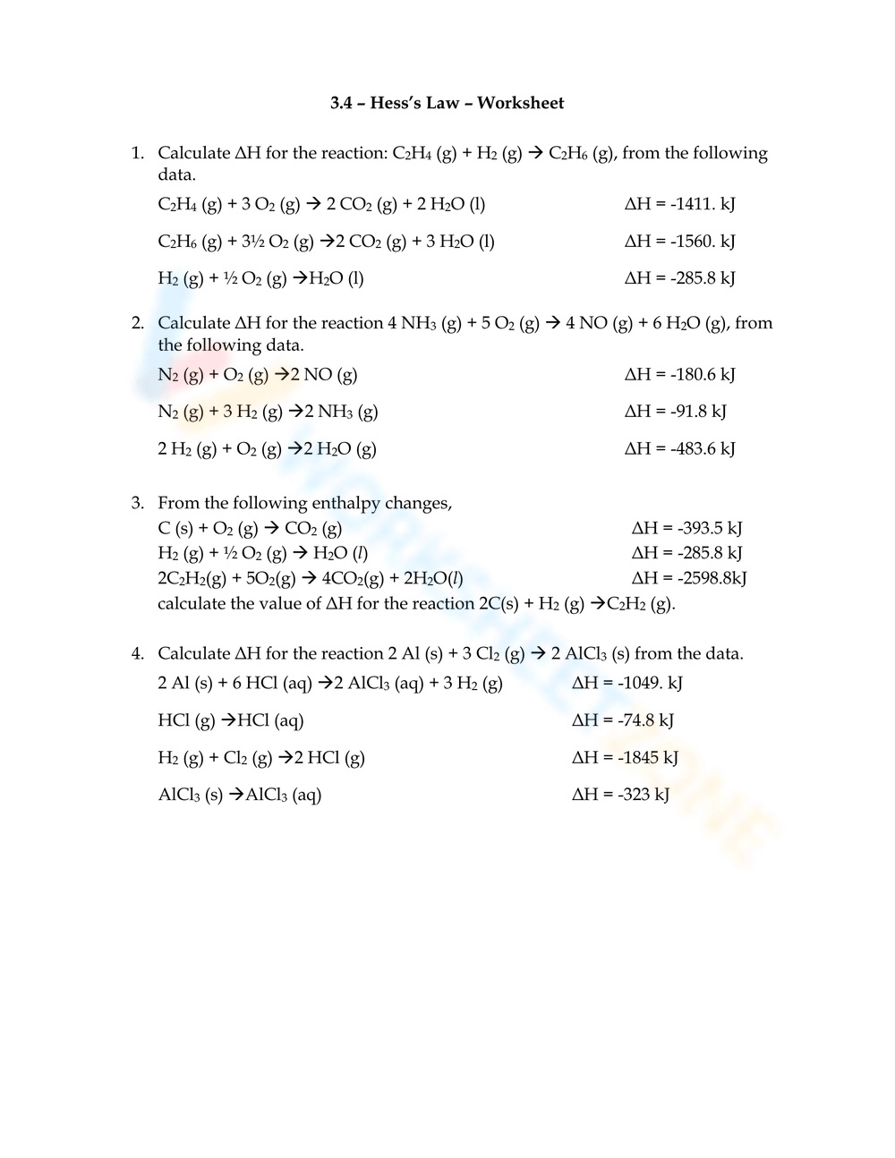 Hess s Law Worksheet