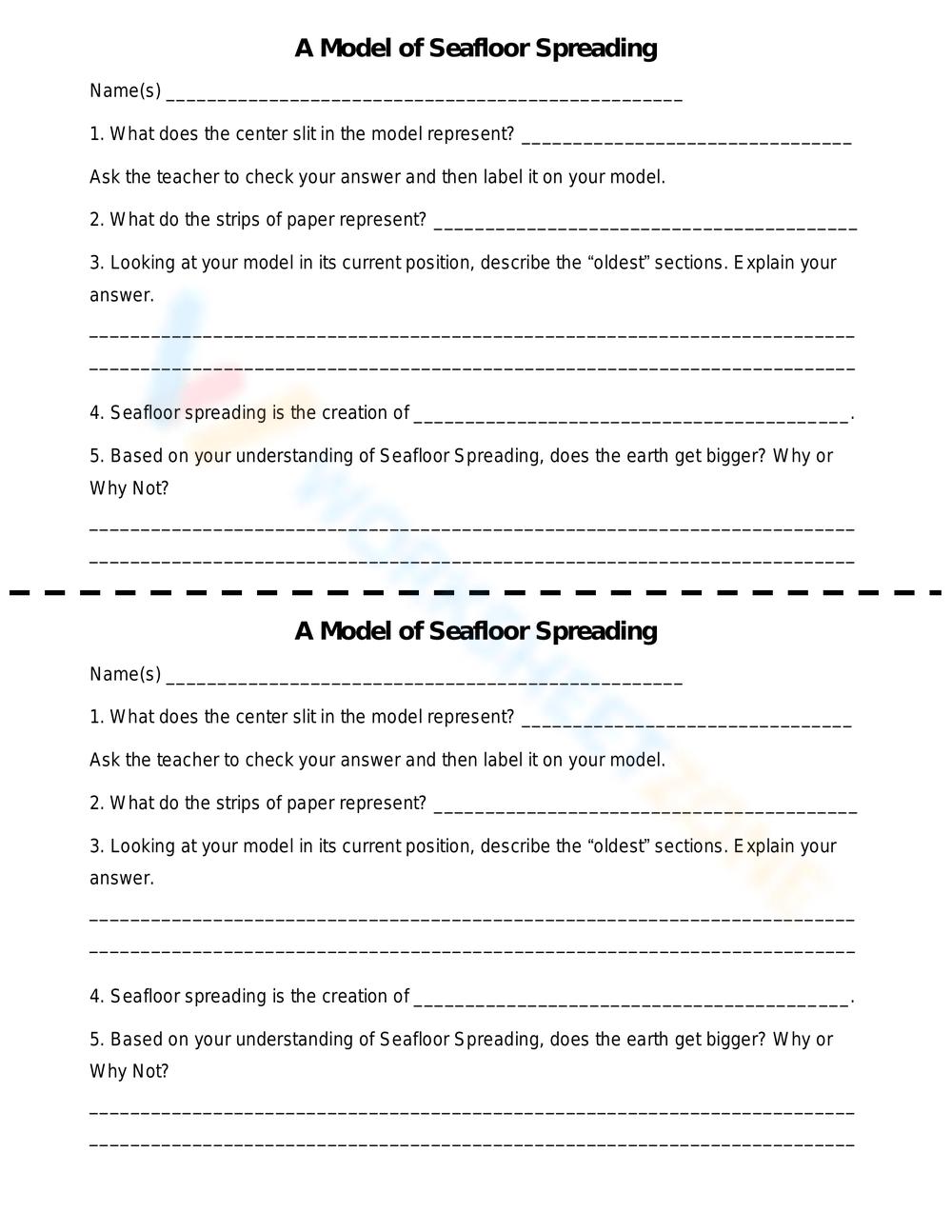 A Model Of Seafloor Spreading Worksheet