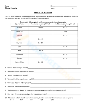 Calculating Haploid And Diploid Numbers worksheets