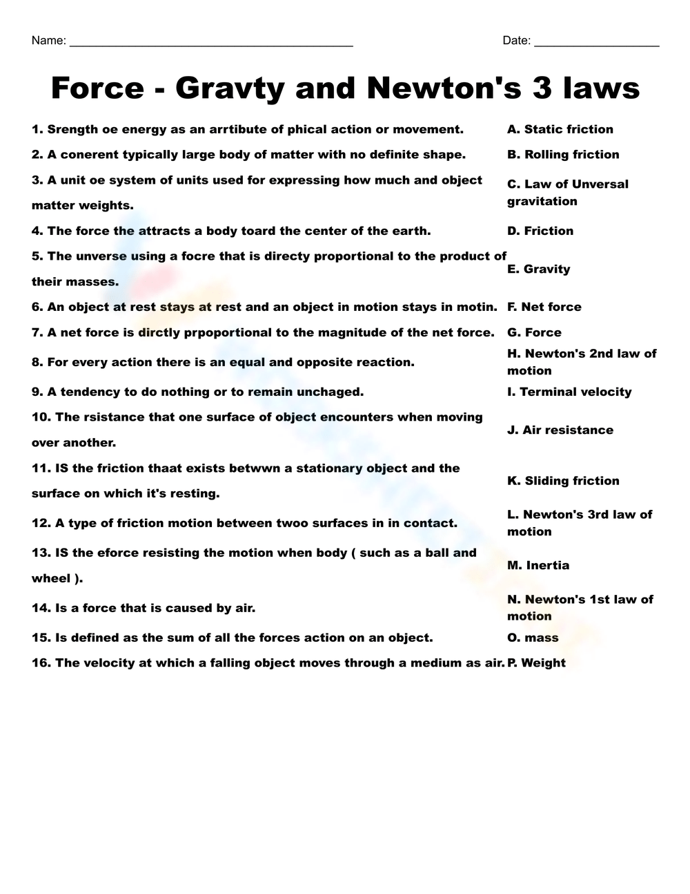 Force Gravity And Newtons 3 Laws Worksheet 7492