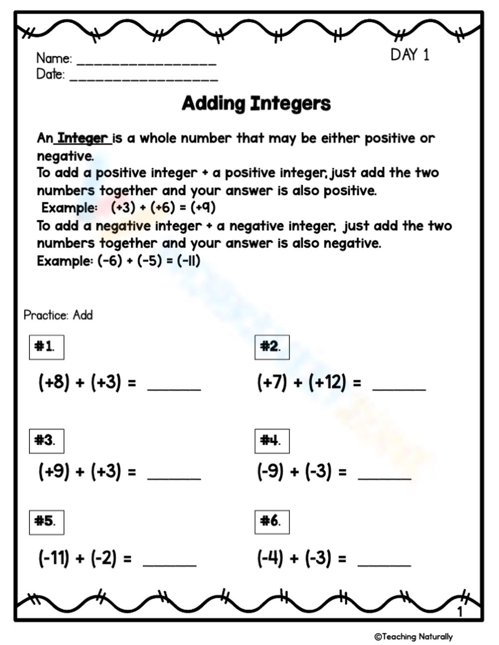 Add The Integers 5 Worksheet