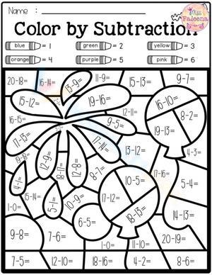 Free Printable Subtraction Color Worksheets for Kids