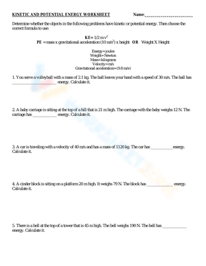 KINETIC AND POTENTIAL ENERGY WORKSHEET