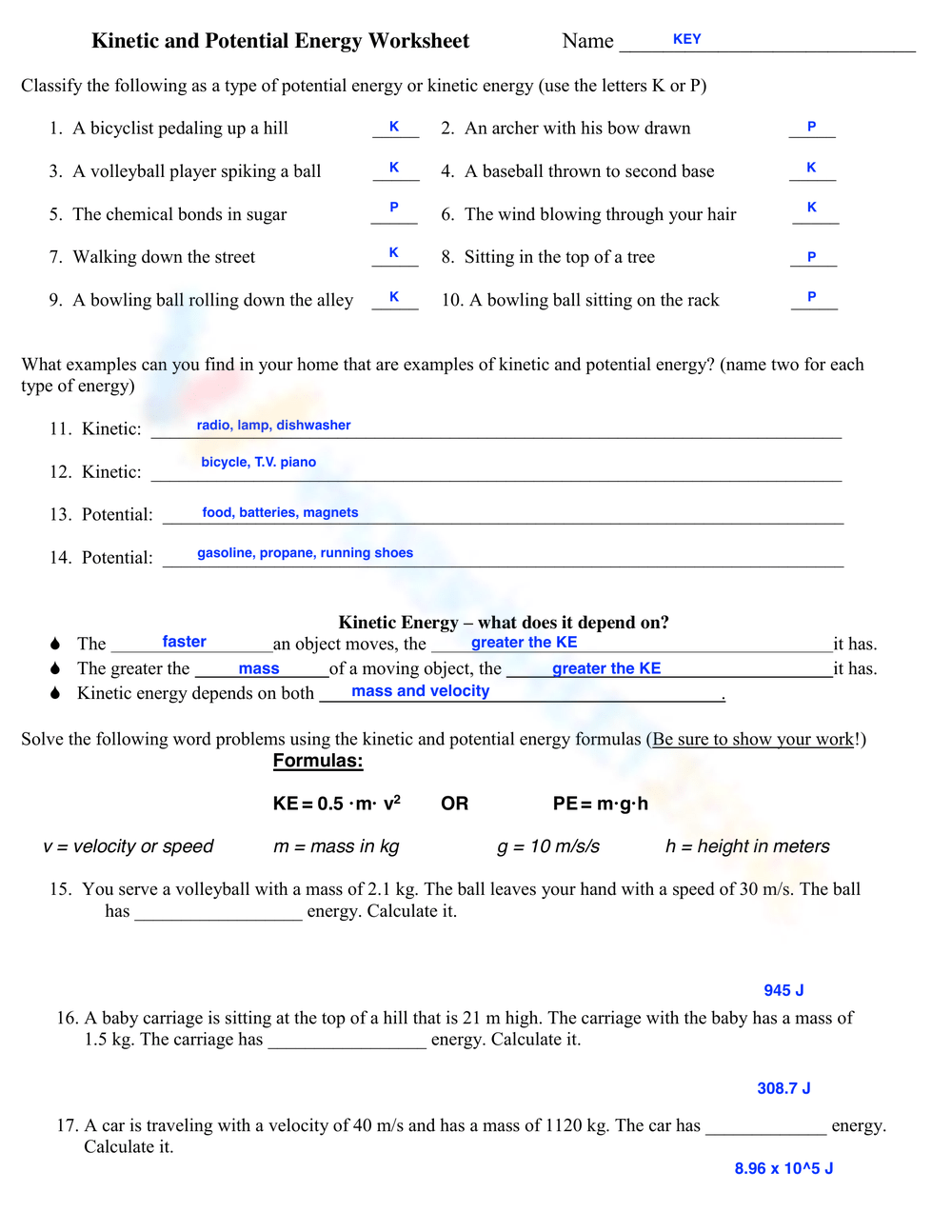 Speed, Potential Energy, Kinetic Energy Printable