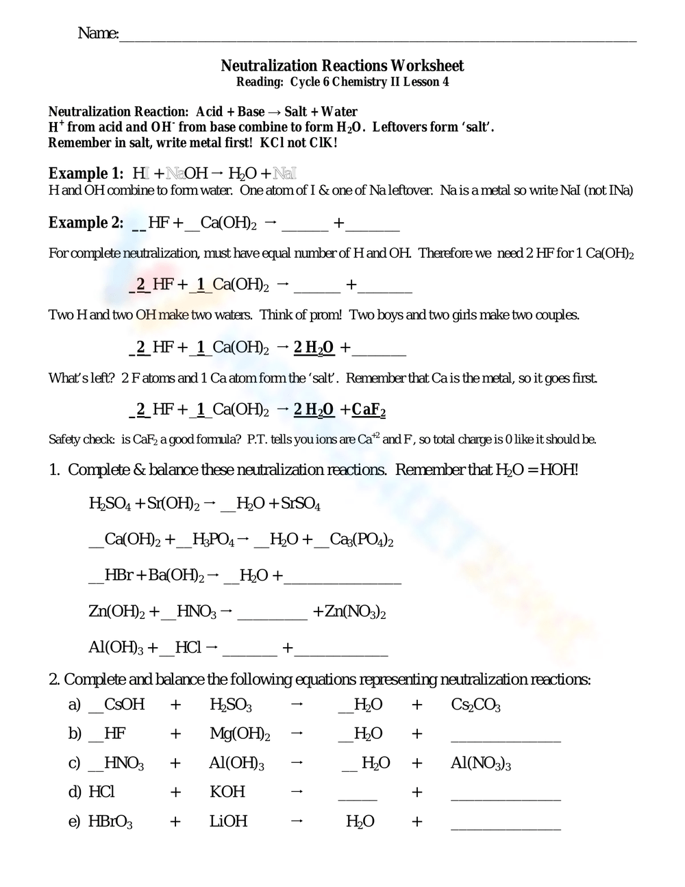 Free Printable Neutralization Reactions Worksheets