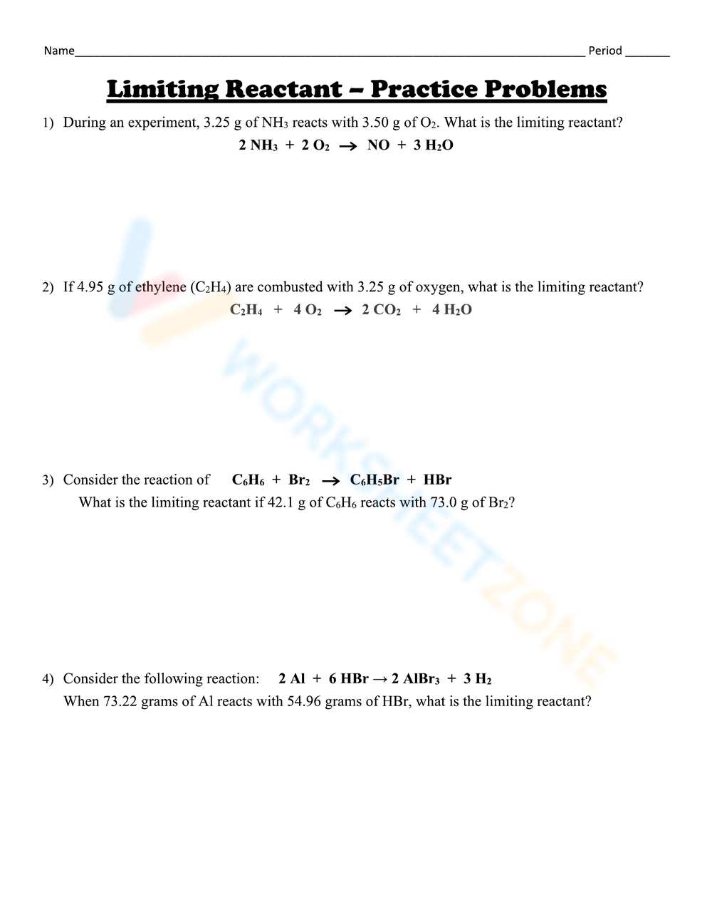 10 Free PrintableLimiting Reactant Worksheets for Students