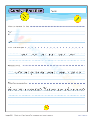 Cursive Letter V Worksheet | Grade 3 Printable