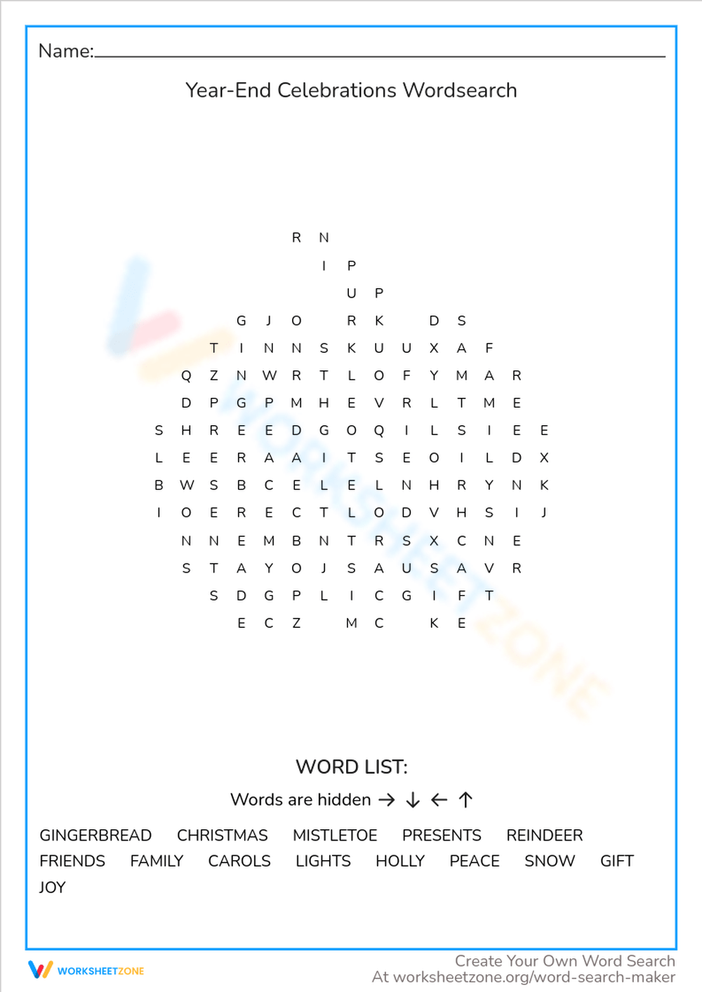 YearEnd Celebrations Wordsearch Worksheet