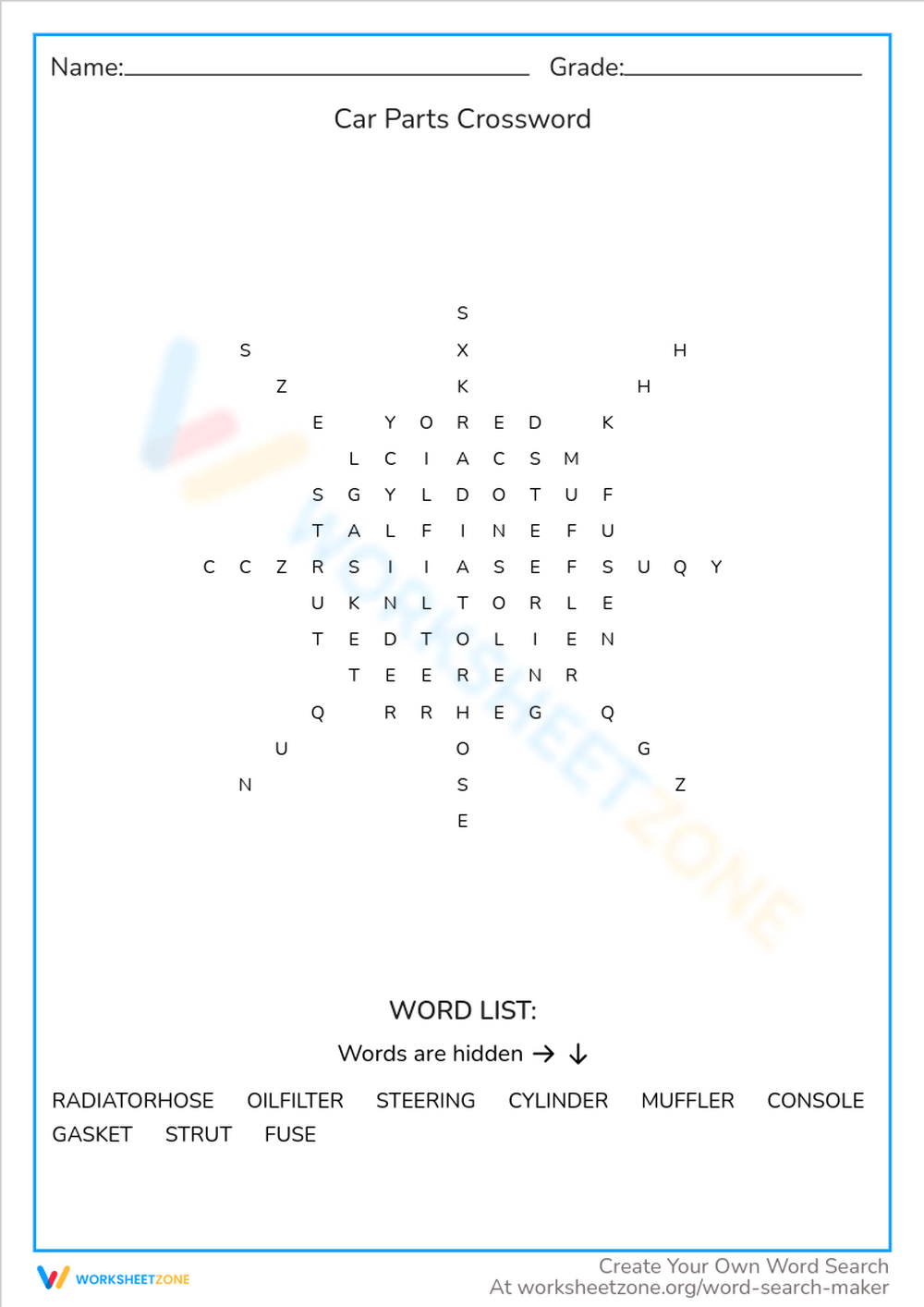 Car Parts Crossword Worksheet