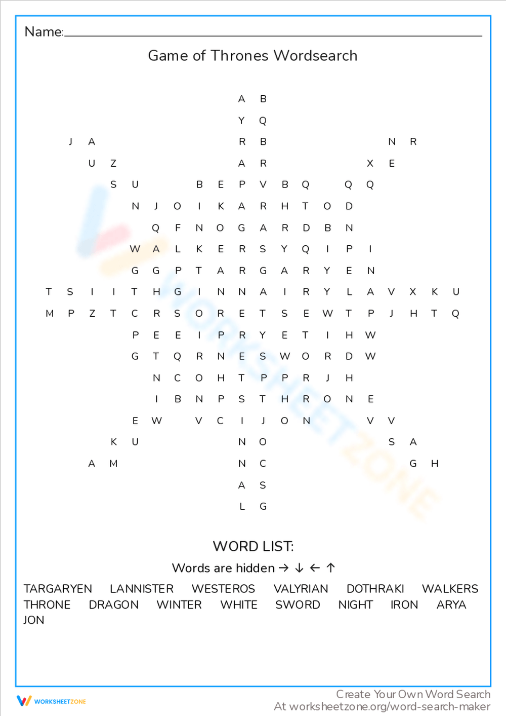 Game Of Thrones Wordsearch Worksheet