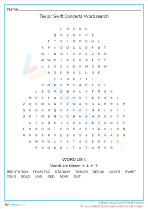Taylor Swift Concerts Wordsearch