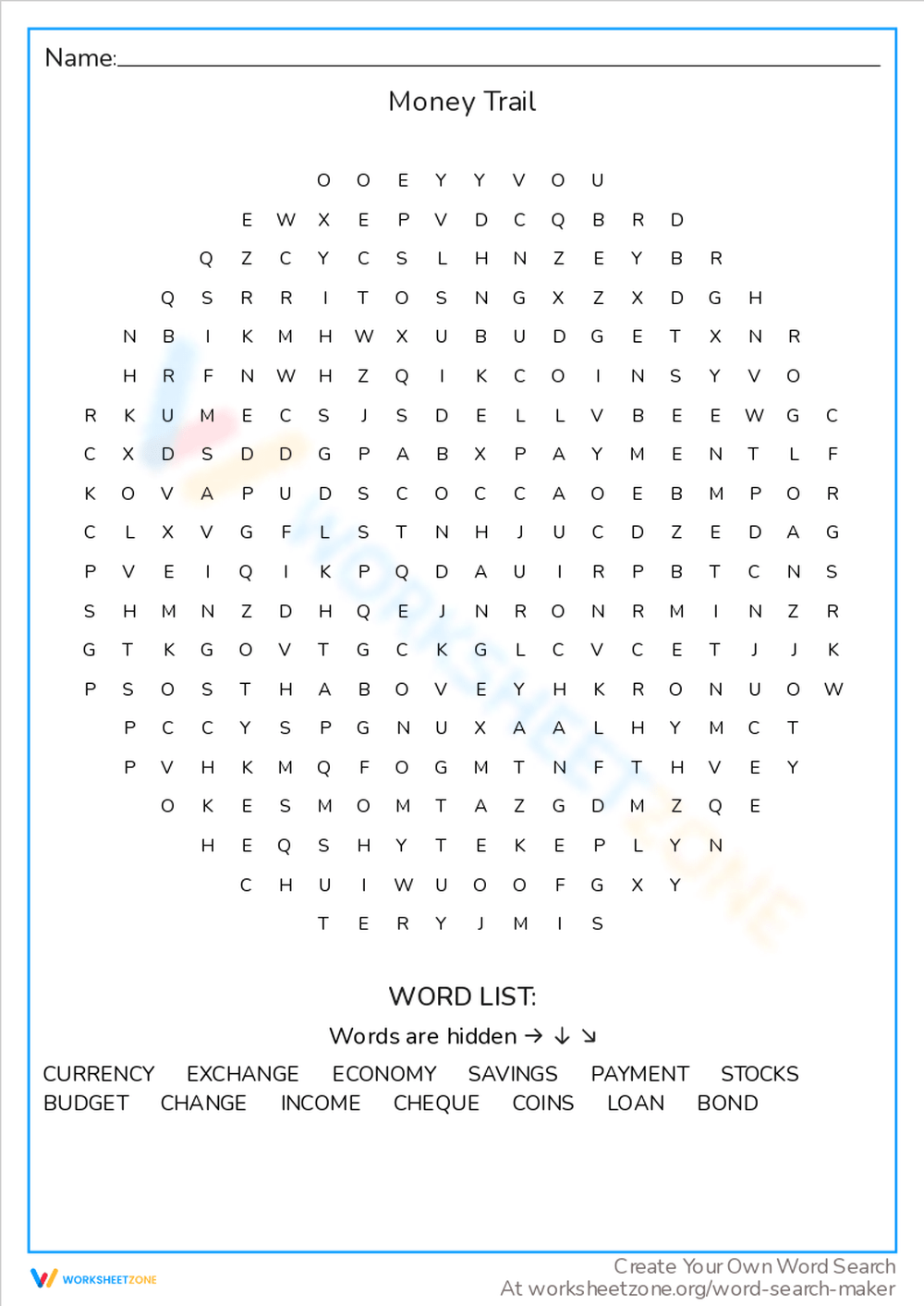 Money, Free Word Search Puzzle Worksheets