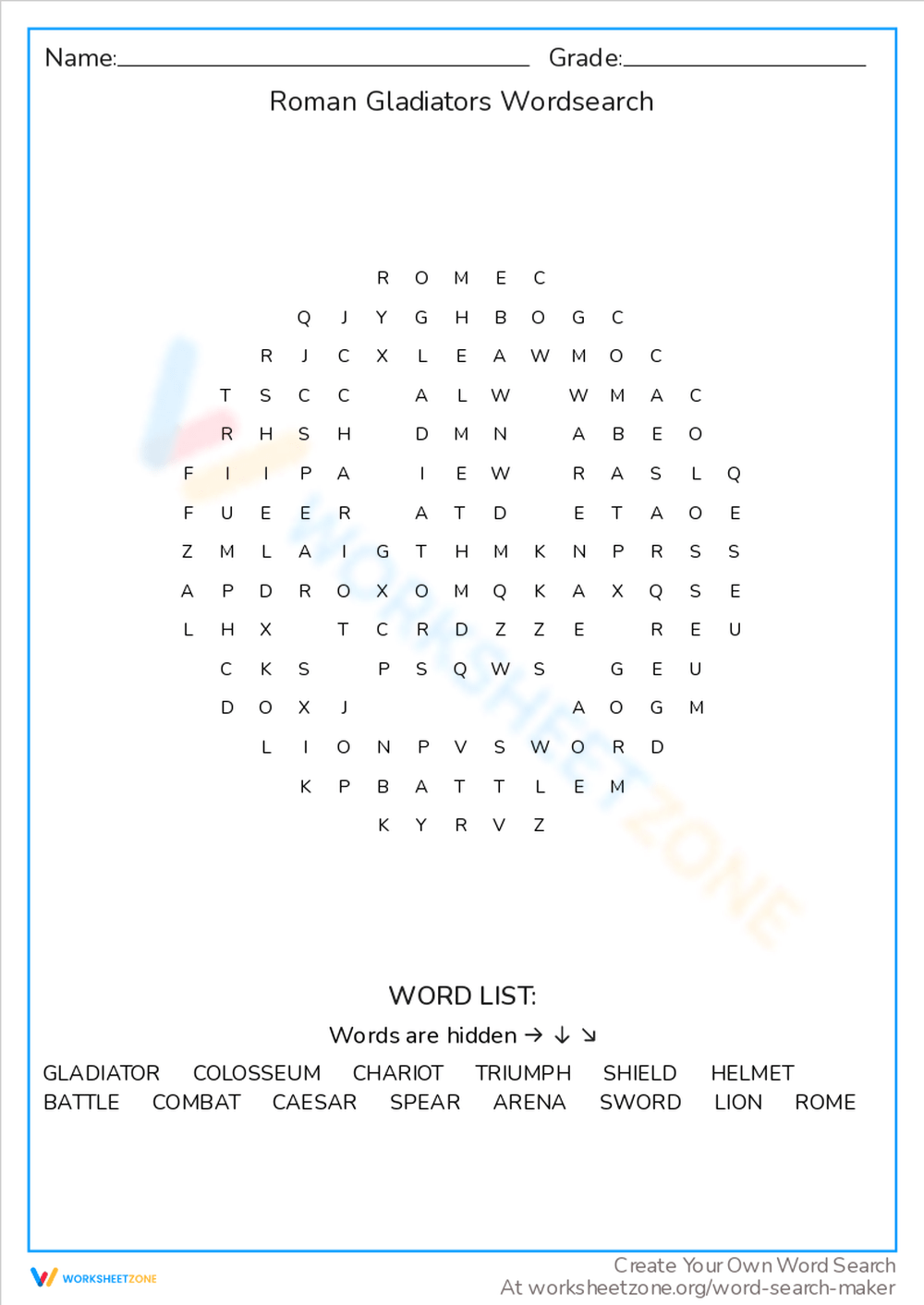 Roman Gladiators Wordsearch Worksheet