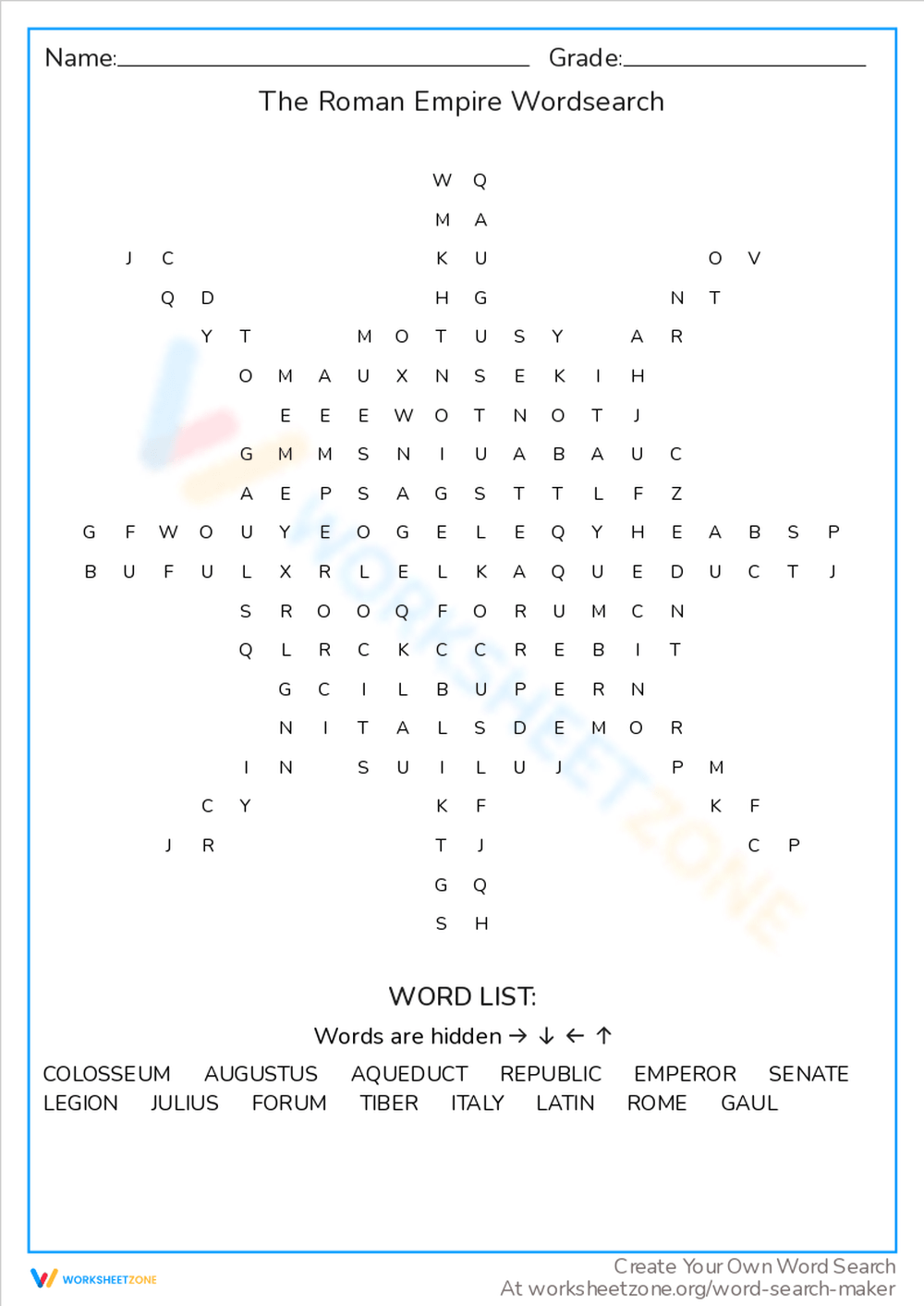 The Roman Empire Wordsearch Worksheet