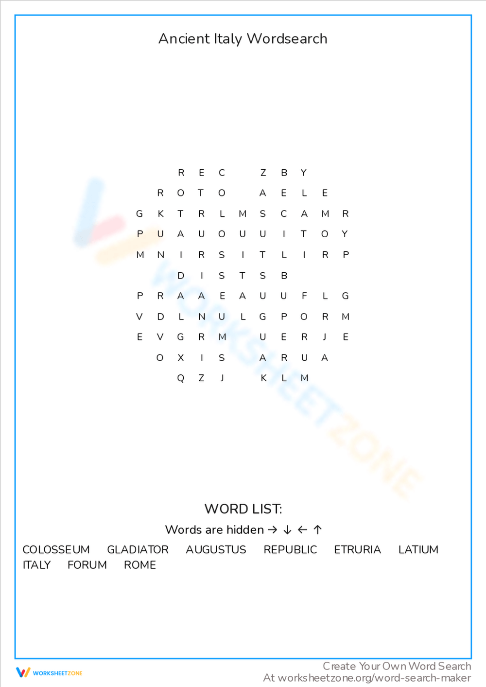 Ancient Italy Wordsearch Worksheet