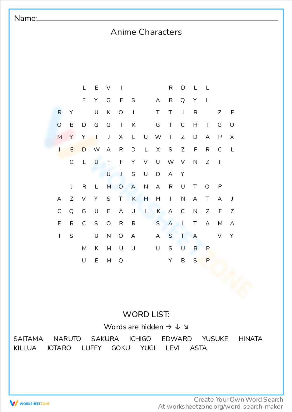 Anime Word Search Printable