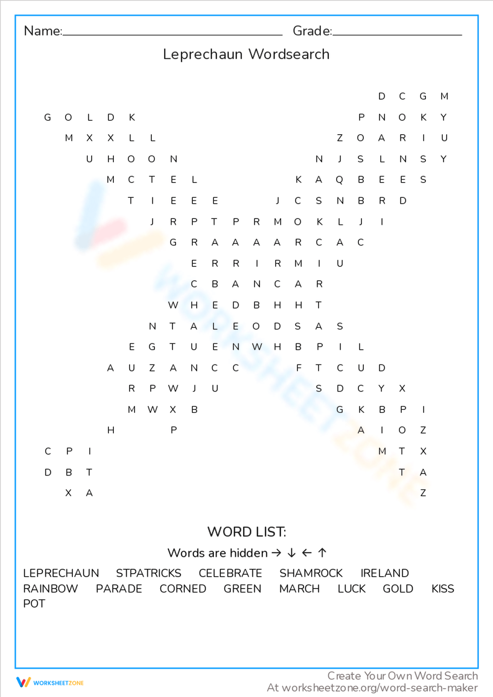 Leprechaun Wordsearch Worksheet