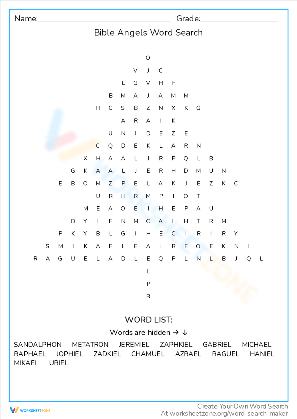 Bible Angels Word Search Worksheet