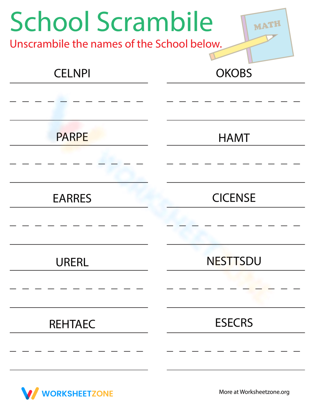 Back To School Word Scramble Worksheet