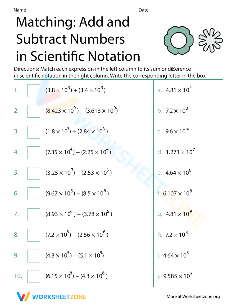 Matching Add And Subtract Numbers In Scientific Notation Worksheet