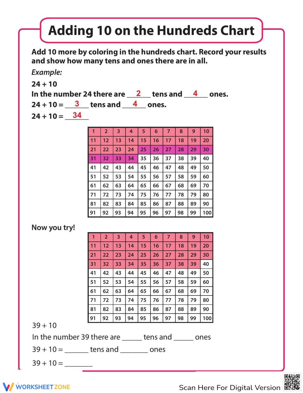 Adding 10 On A Hundreds Chart Worksheet