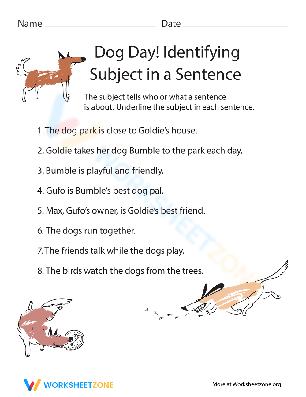 Dog Day! Identifying Subject In A Sentence Worksheet