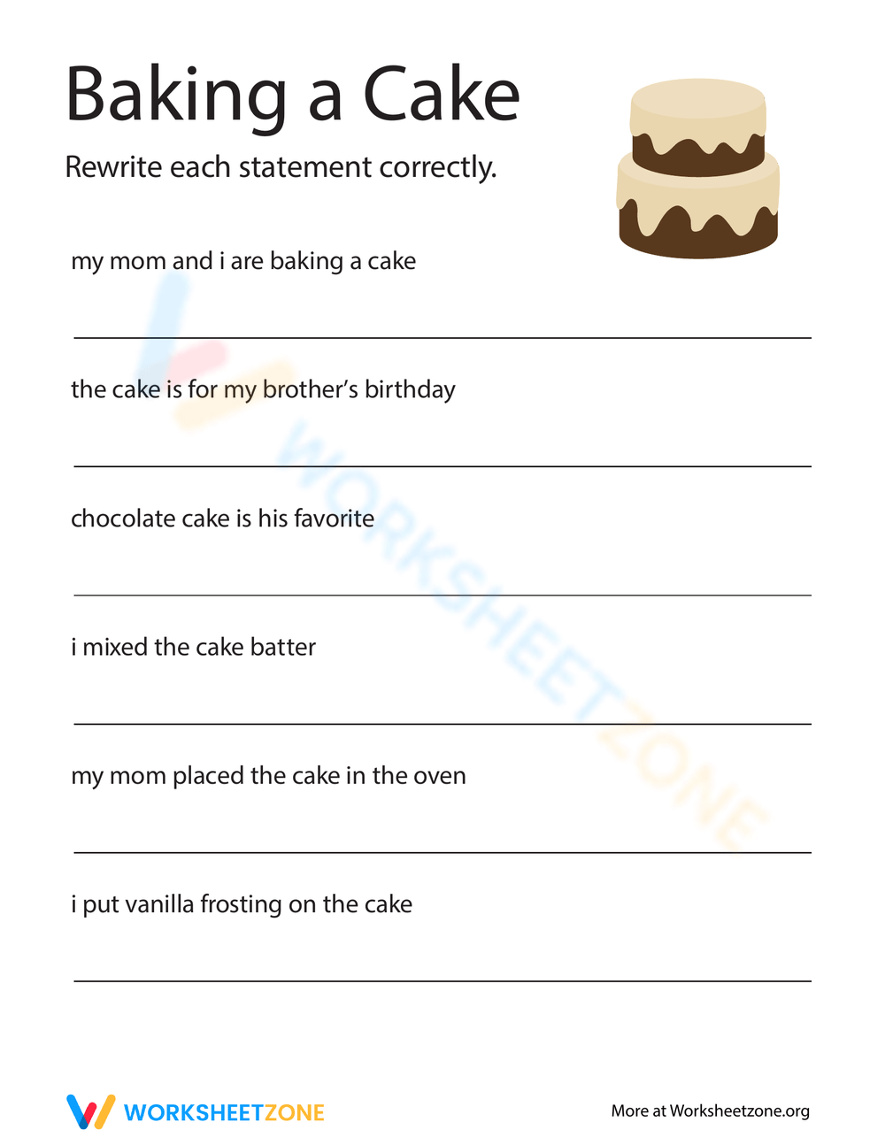 Fix The Sentences: Baking A Cake Worksheet