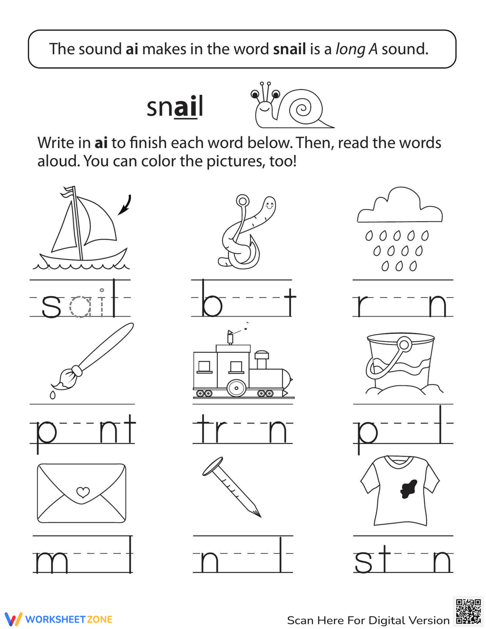 Long Vowels: Long A In Snail Worksheet