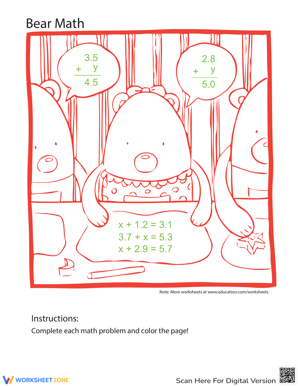 Bear Math: Solve For X Worksheet