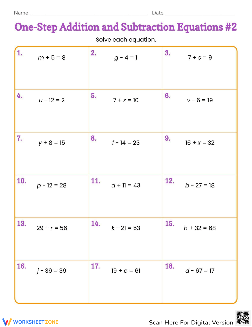 One Step Addition And Subtraction Equations 2 Worksheet